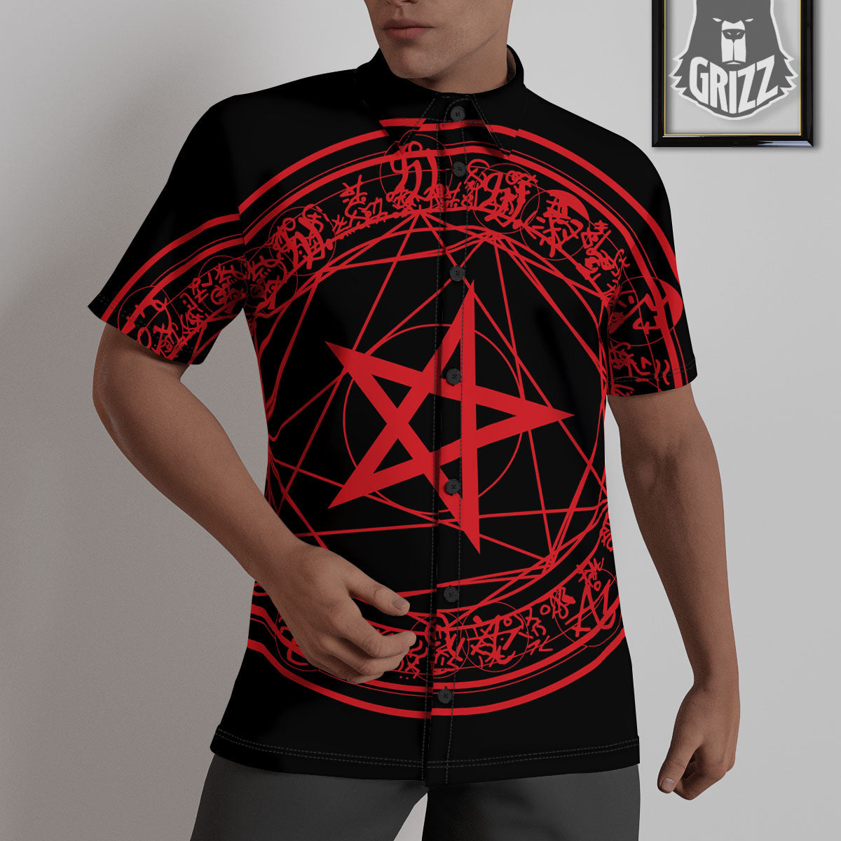 Satanic Pentagram Red And Black Print Untucked Shirts-grizzshop