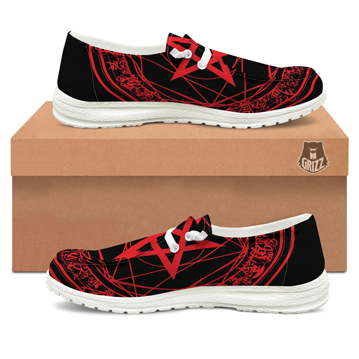 Satanic Pentagram Red And Black Print White Loafers-grizzshop