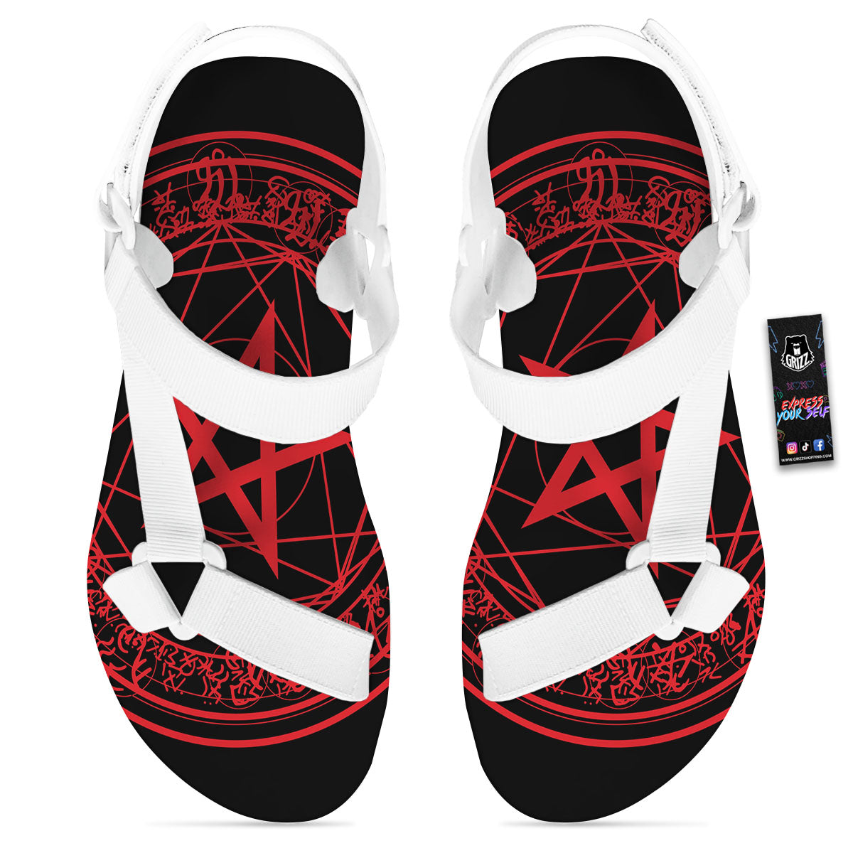 Satanic Pentagram Red And Black Print White Open Toe Sandals-grizzshop