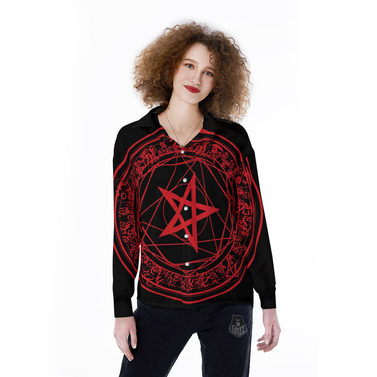 Satanic Pentagram Red And Black Print Women's Long Sleeve Shirts-grizzshop
