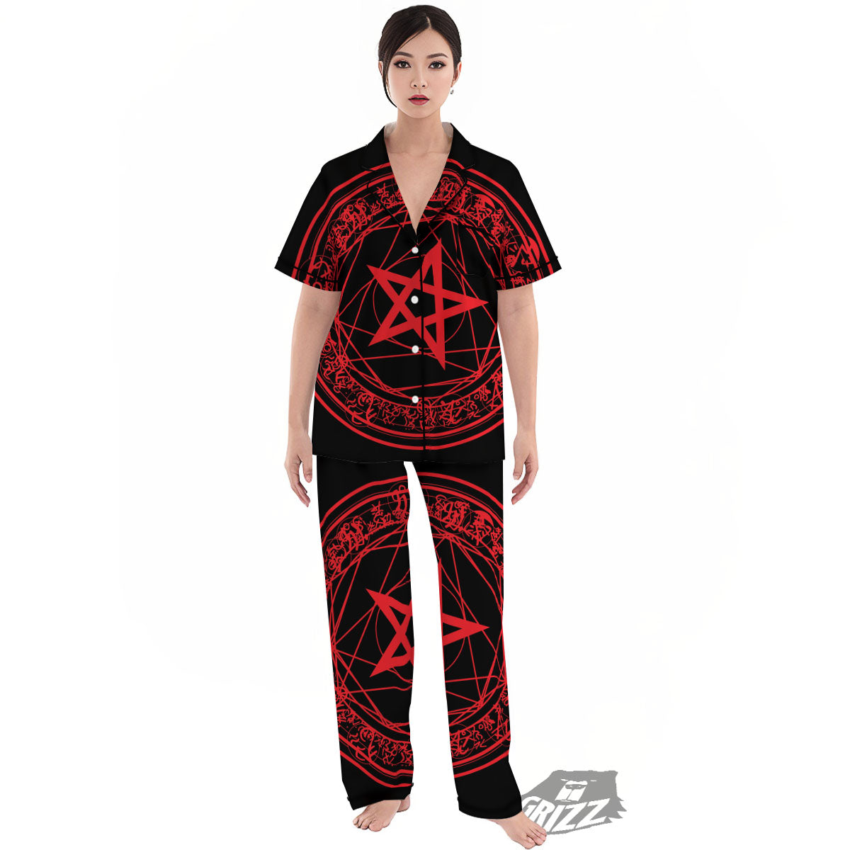 Satanic Pentagram Red And Black Print Women's Pajamas Set-grizzshop