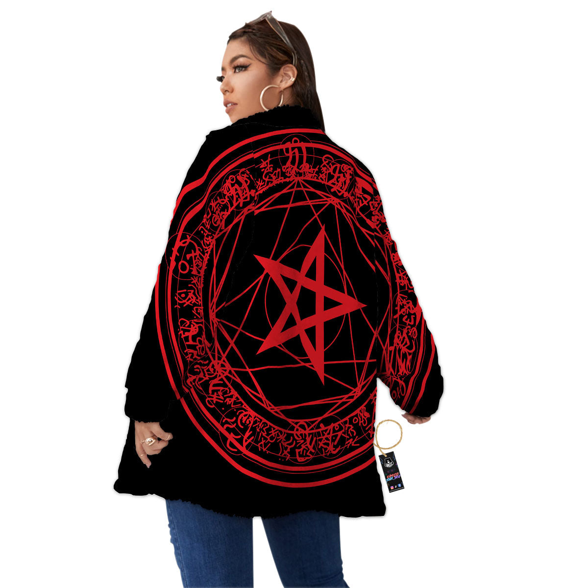 Satanic Pentagram Red And Black Print Women's Sherpa Jacket-grizzshop