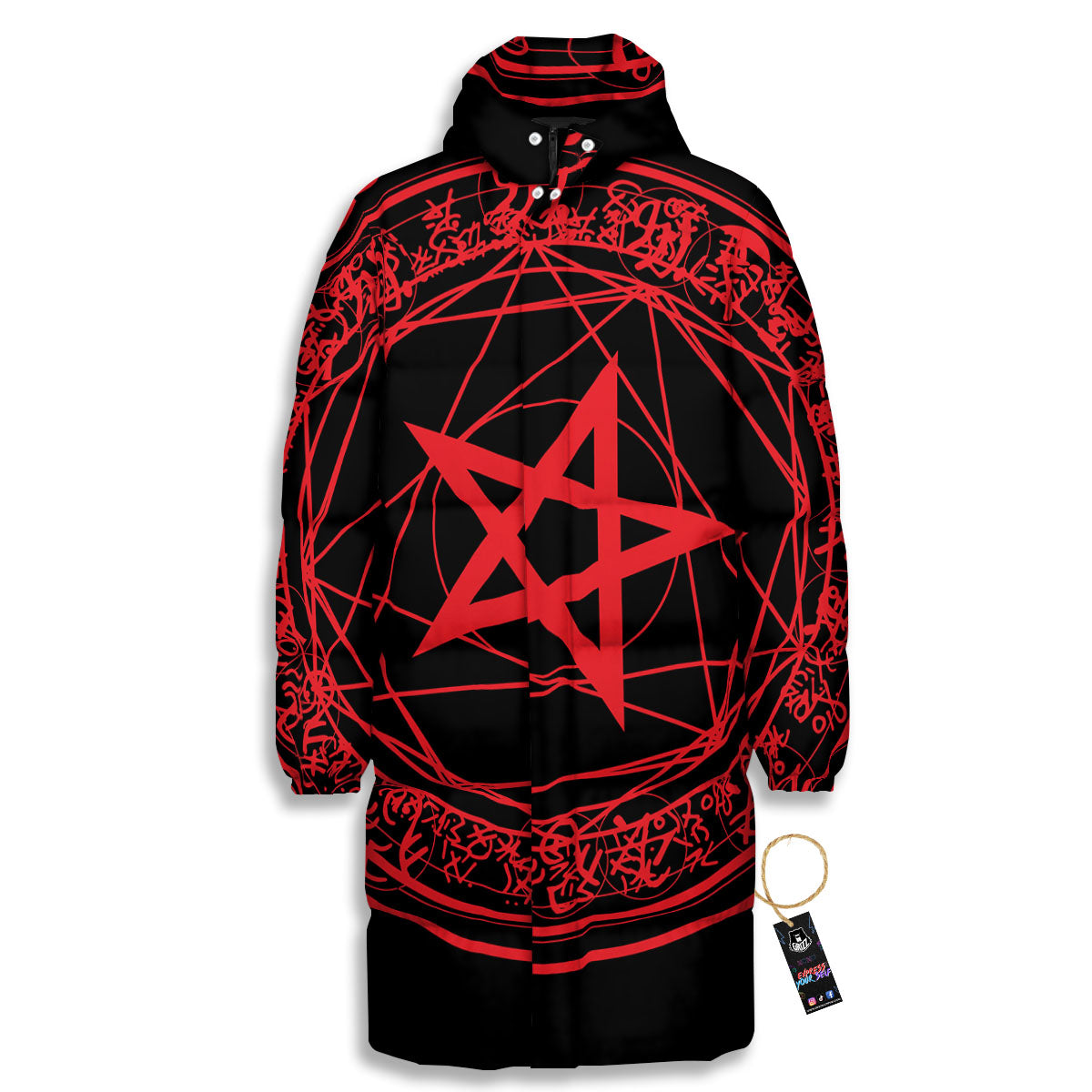 Satanic Pentagram Red And Black Print Long Down Jacket