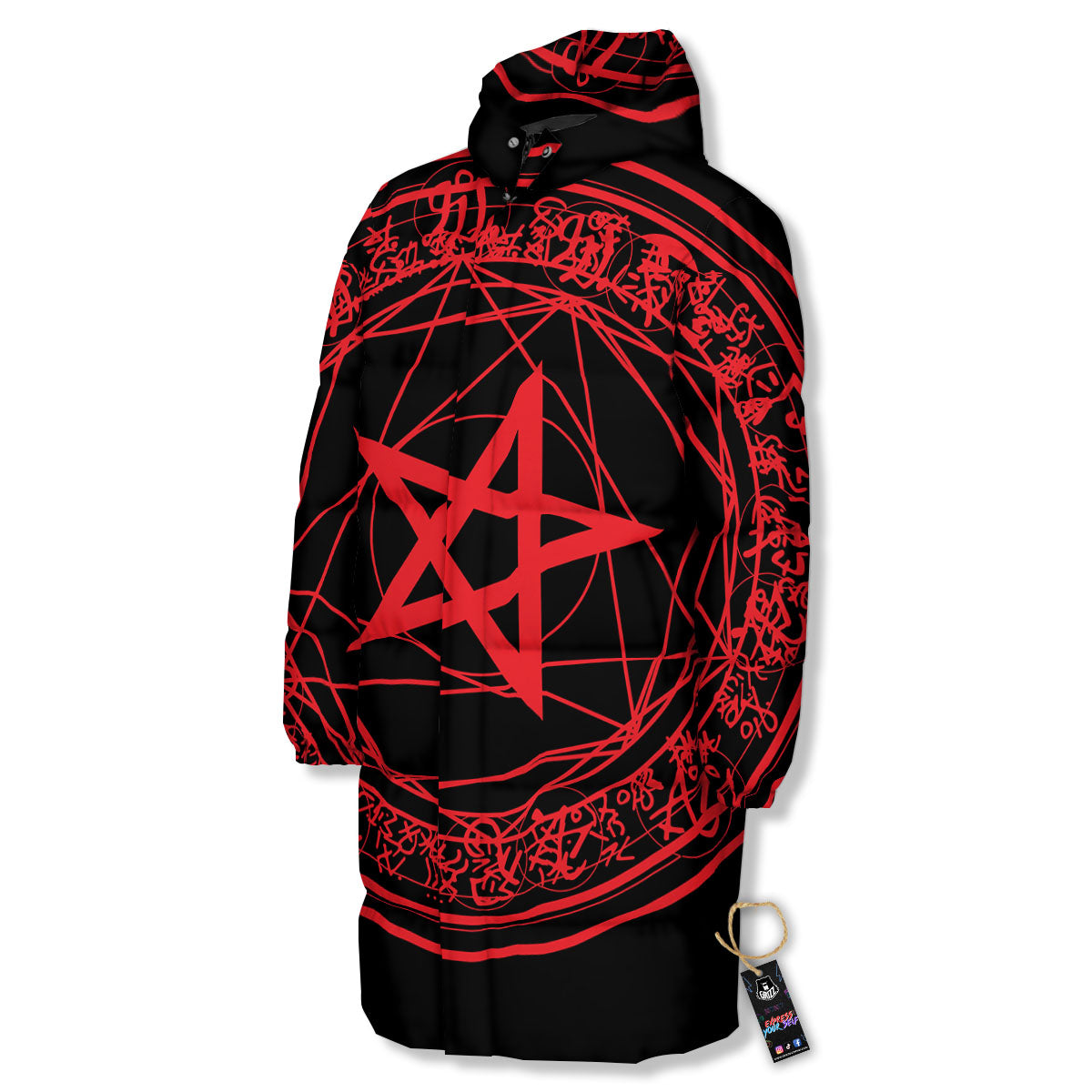 Satanic Pentagram Red And Black Print Long Down Jacket