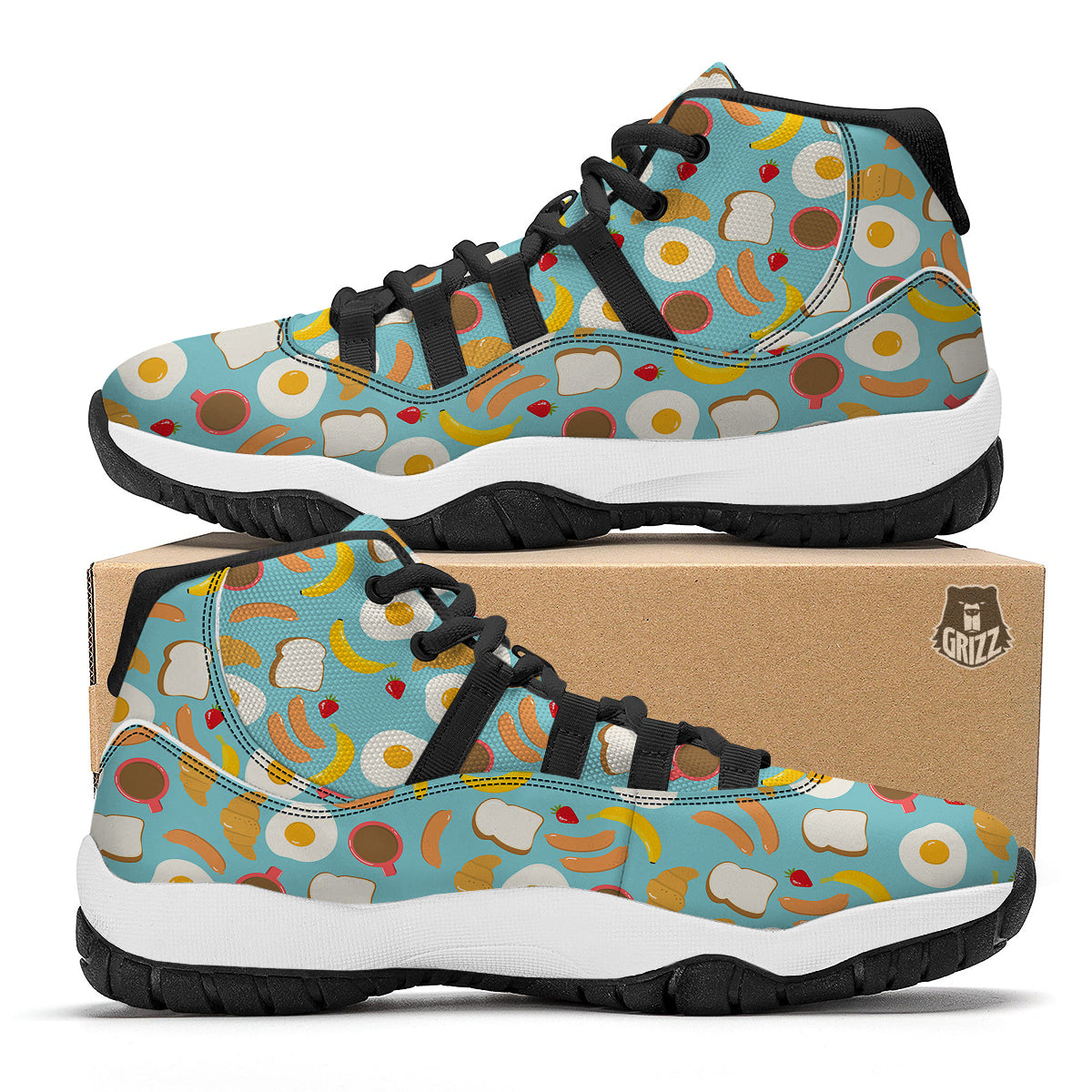 Sausage Egg Toast Breakfast Print Pattern Black Bball Shoes-grizzshop