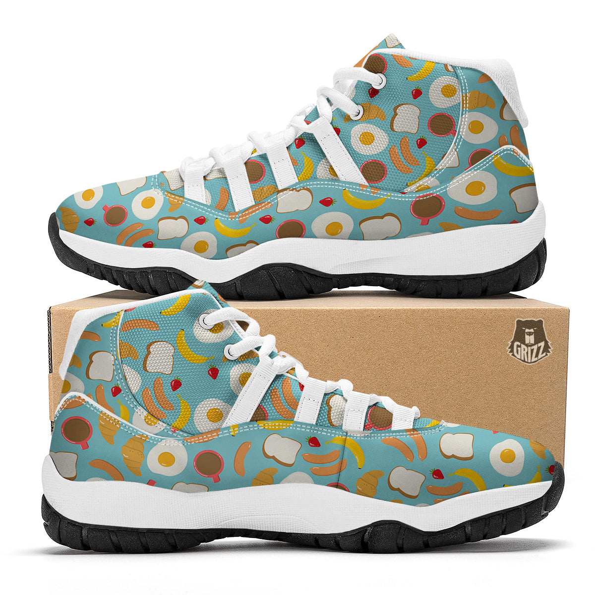 Sausage Egg Toast Breakfast Print Pattern White Bball Shoes-grizzshop