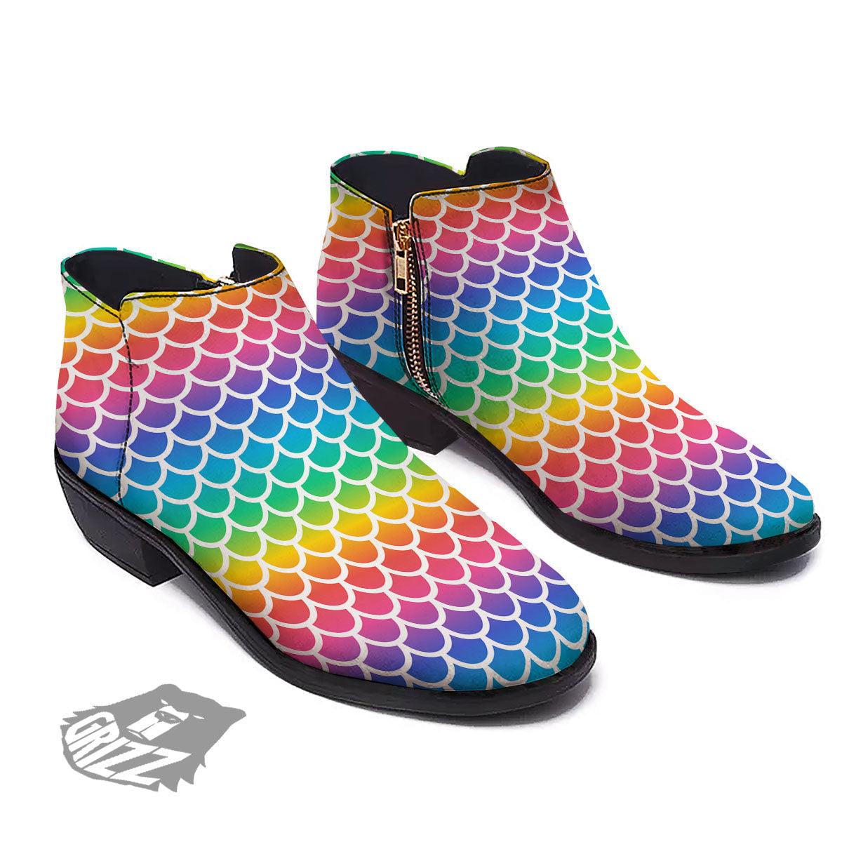 Scale Rainbow Mermaid Print Pattern Ankle Boots-grizzshop