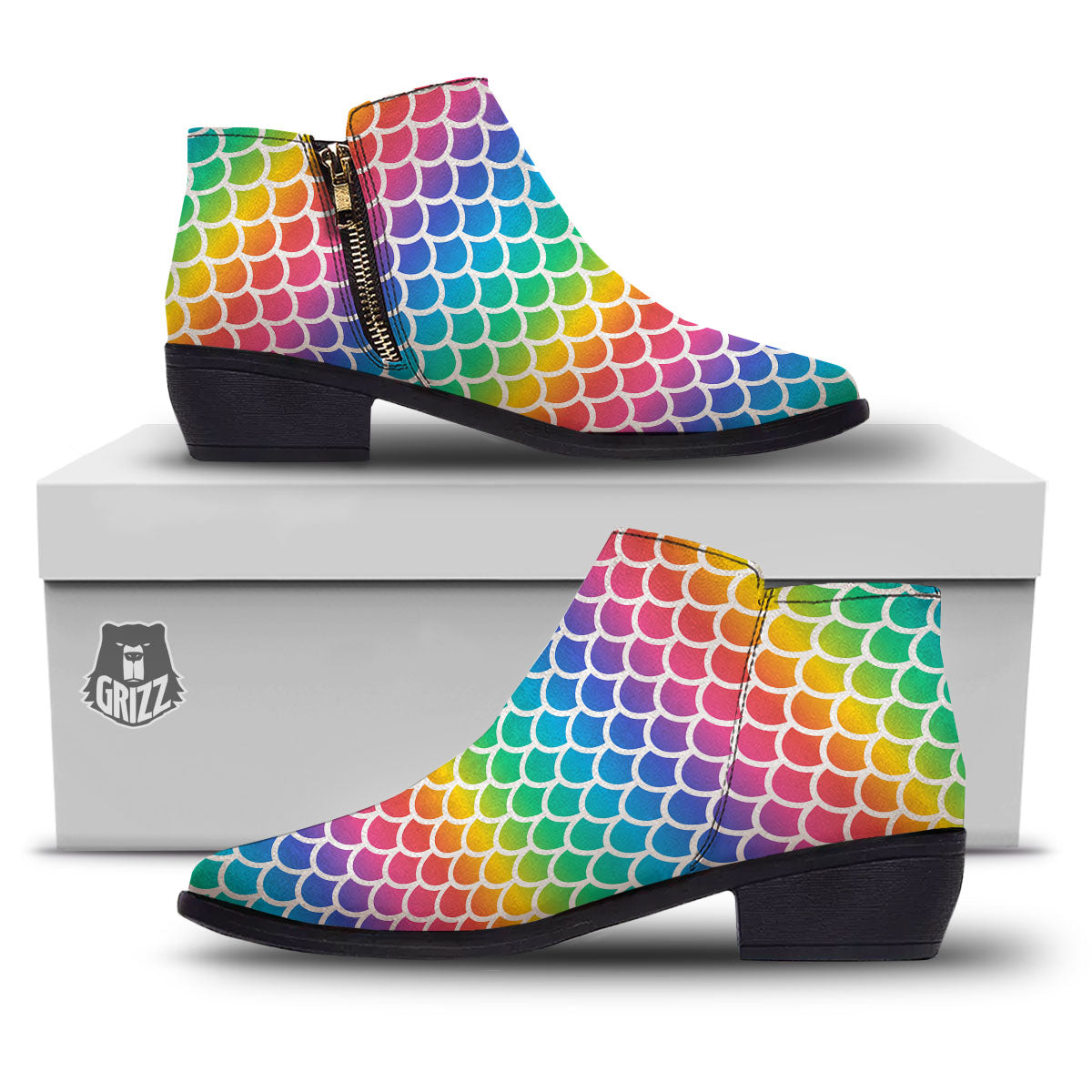 Scale Rainbow Mermaid Print Pattern Ankle Boots-grizzshop