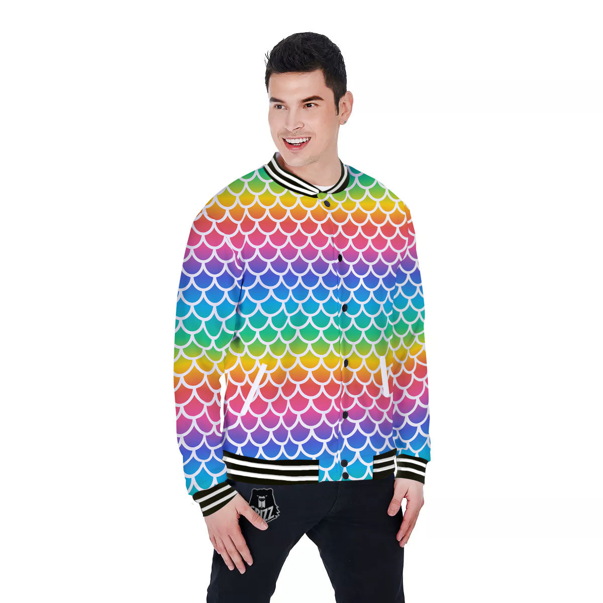 Scale Rainbow Mermaid Print Pattern Baseball Jacket-grizzshop