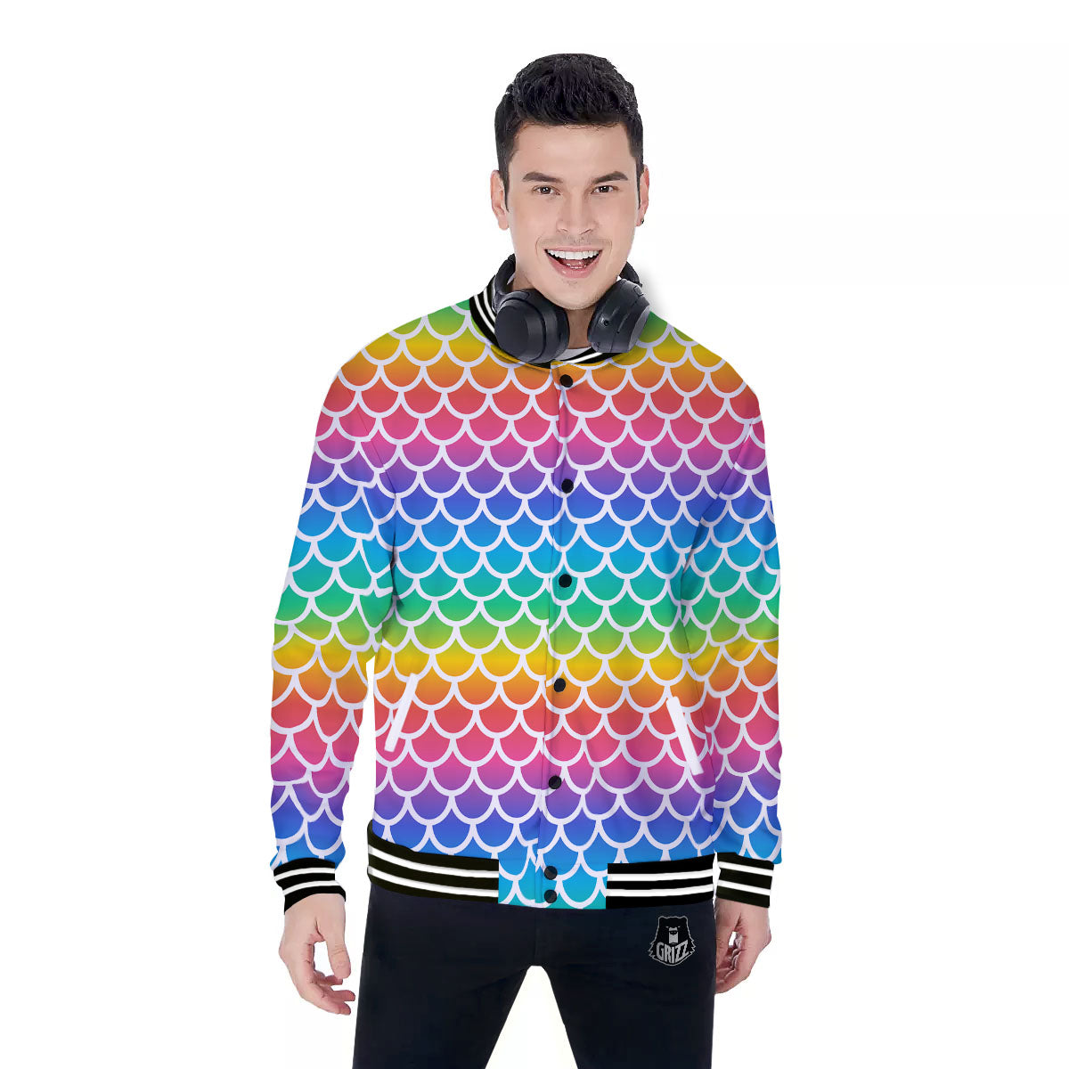 Scale Rainbow Mermaid Print Pattern Baseball Jacket-grizzshop