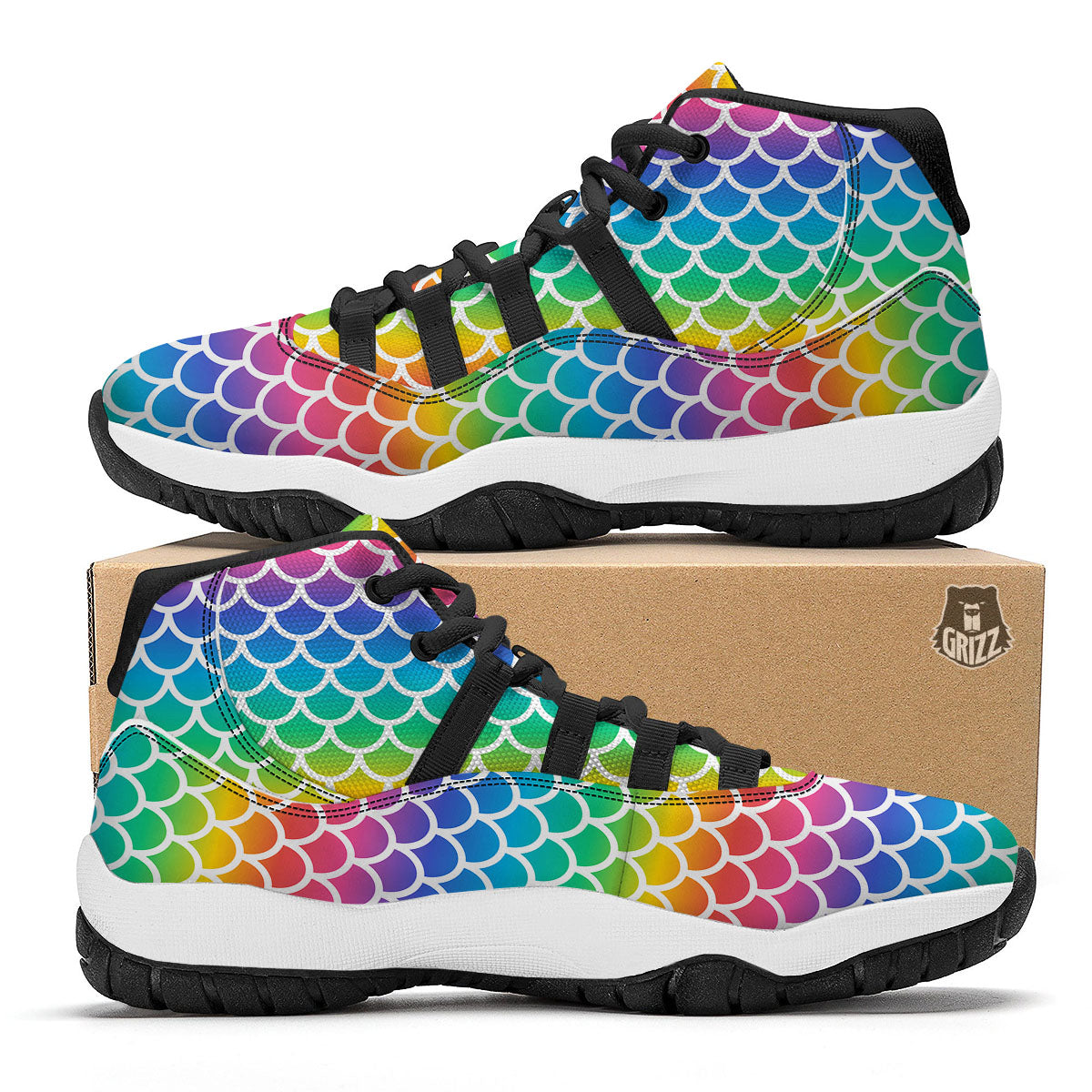 Scale Rainbow Mermaid Print Pattern Black Bball Shoes-grizzshop