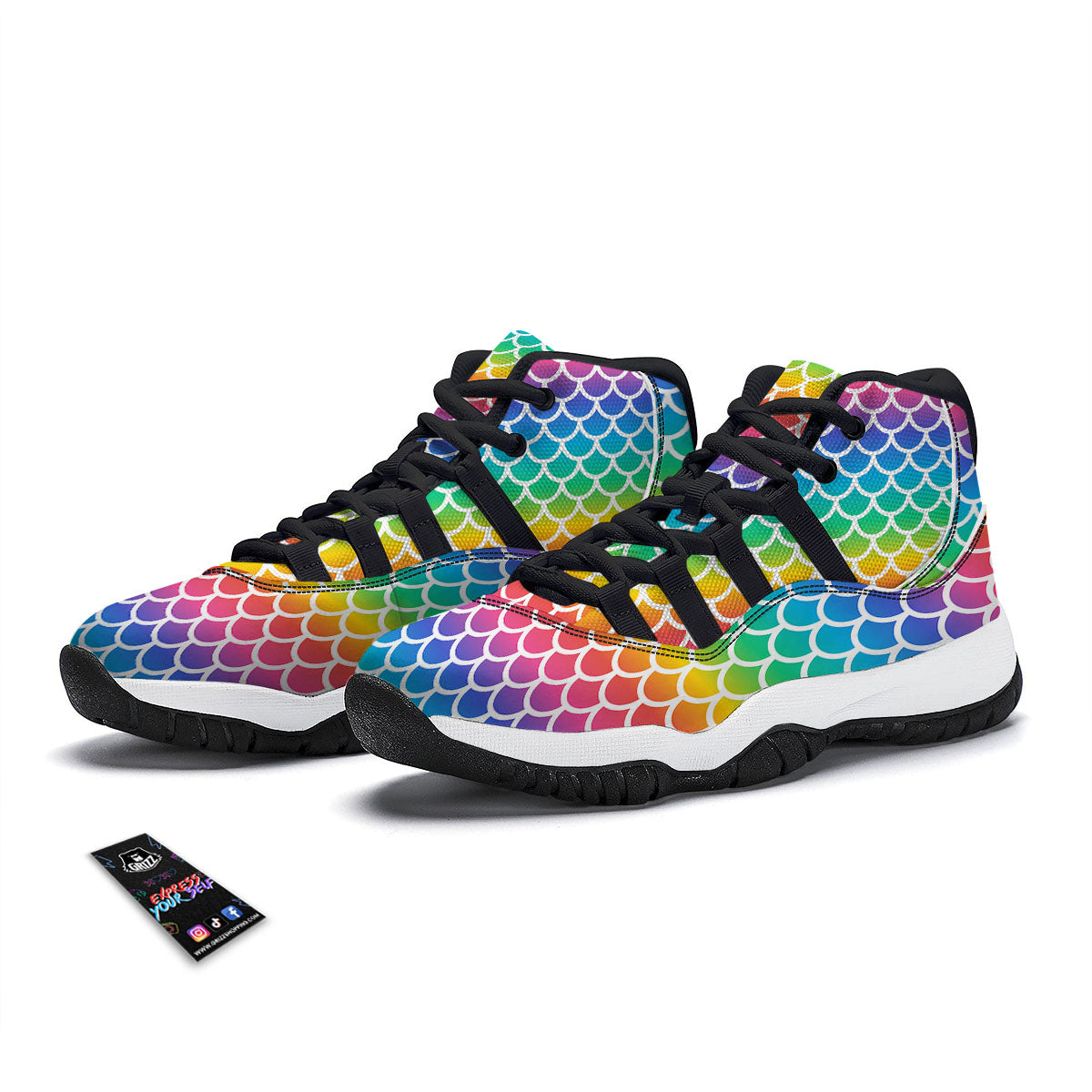 Scale Rainbow Mermaid Print Pattern Black Bball Shoes-grizzshop