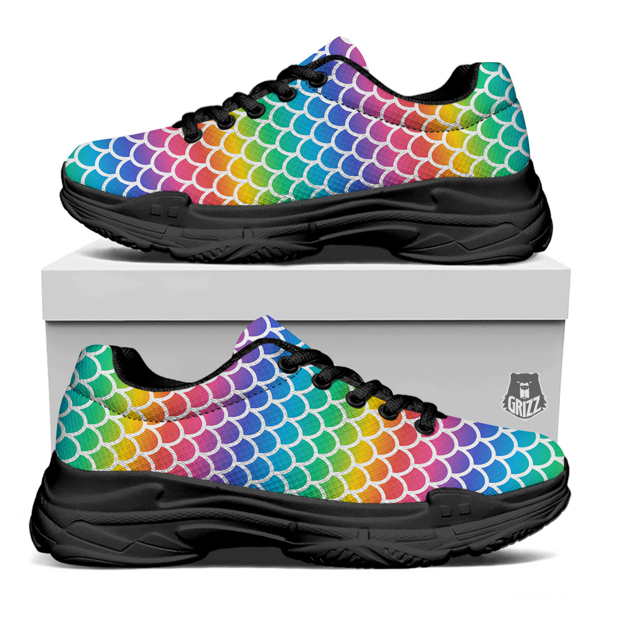 Scale Rainbow Mermaid Print Pattern Black Chunky Shoes-grizzshop