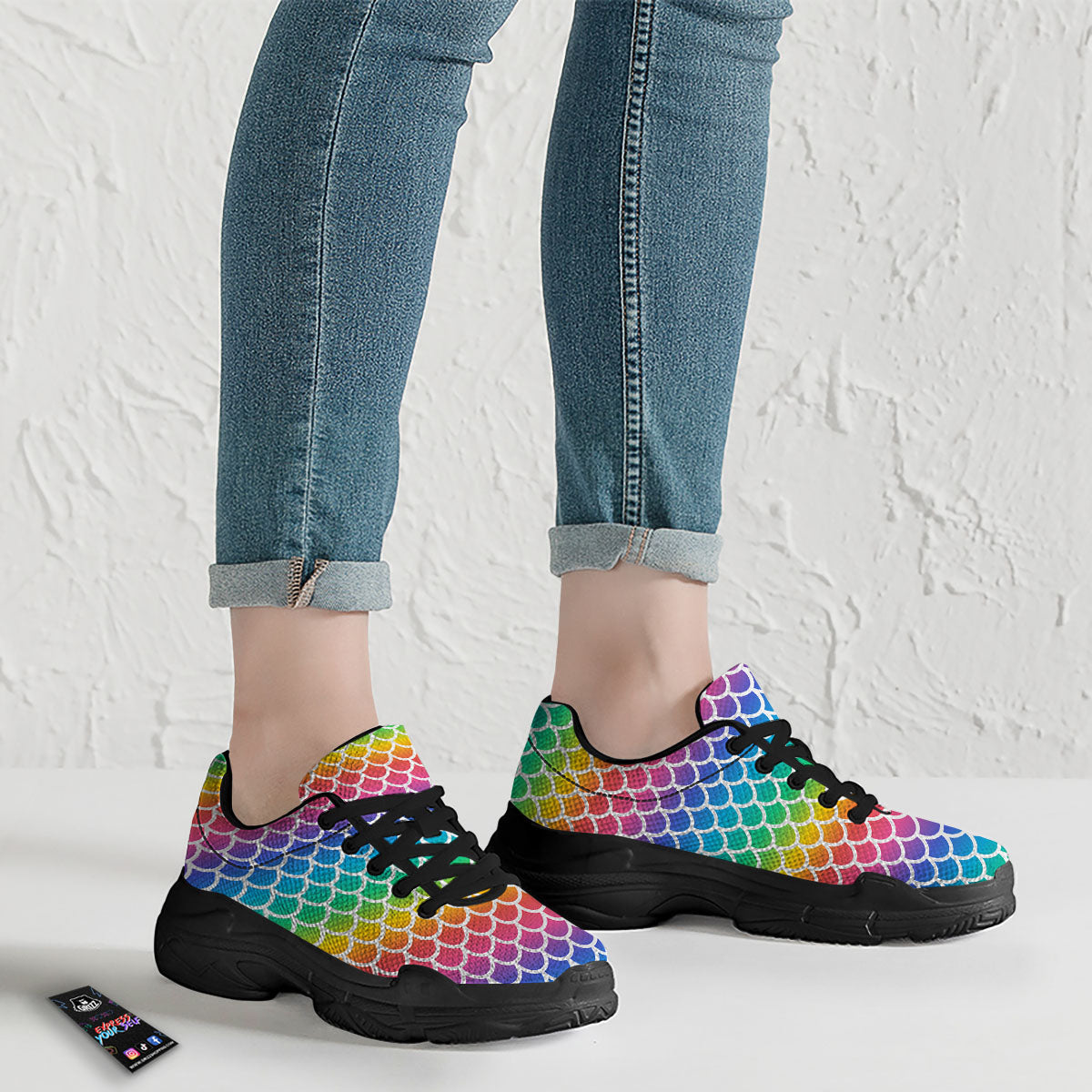 Scale Rainbow Mermaid Print Pattern Black Chunky Shoes-grizzshop