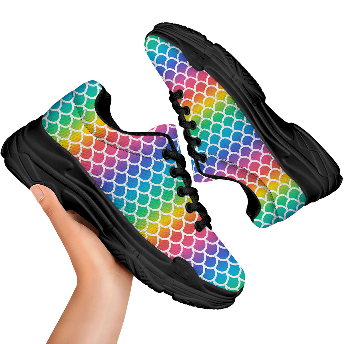 Scale Rainbow Mermaid Print Pattern Black Chunky Shoes-grizzshop