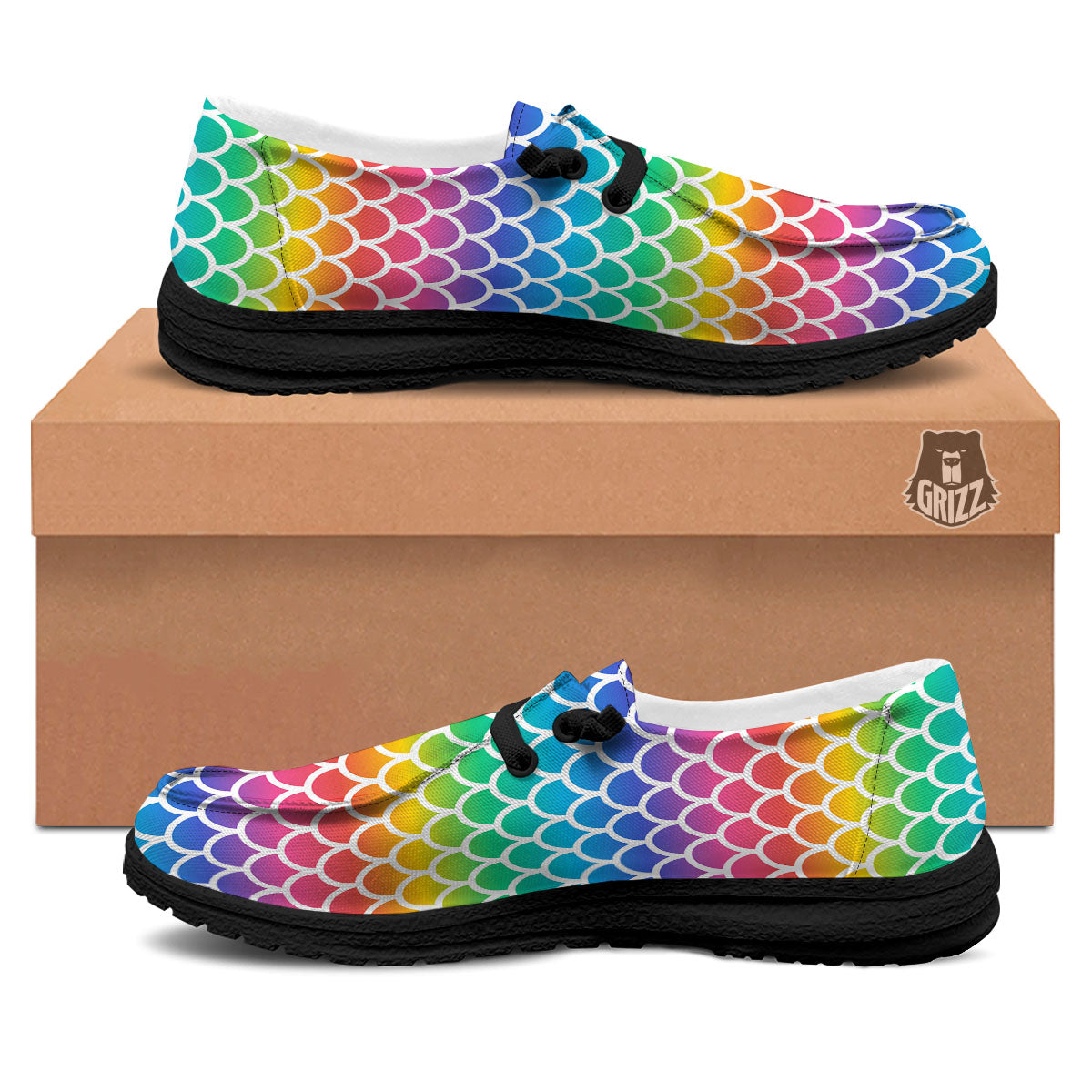Scale Rainbow Mermaid Print Pattern Black Loafers-grizzshop