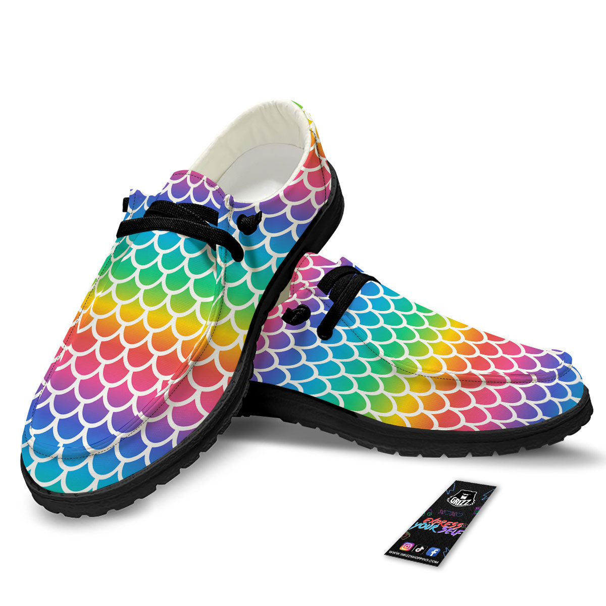 Scale Rainbow Mermaid Print Pattern Black Loafers-grizzshop