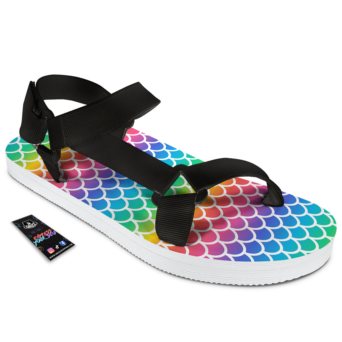 Scale Rainbow Mermaid Print Pattern Black Open Toe Sandals-grizzshop