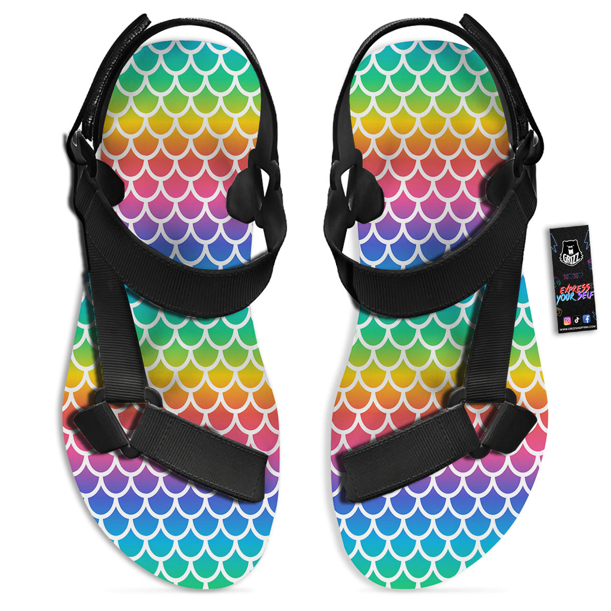 Scale Rainbow Mermaid Print Pattern Black Open Toe Sandals-grizzshop