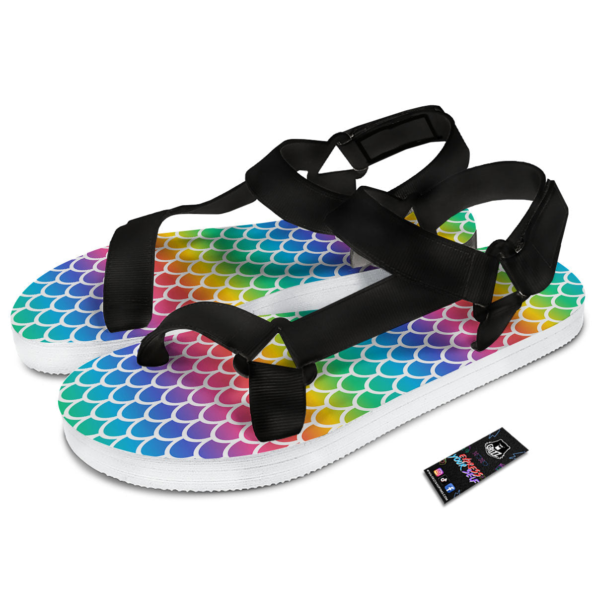 Scale Rainbow Mermaid Print Pattern Black Open Toe Sandals-grizzshop