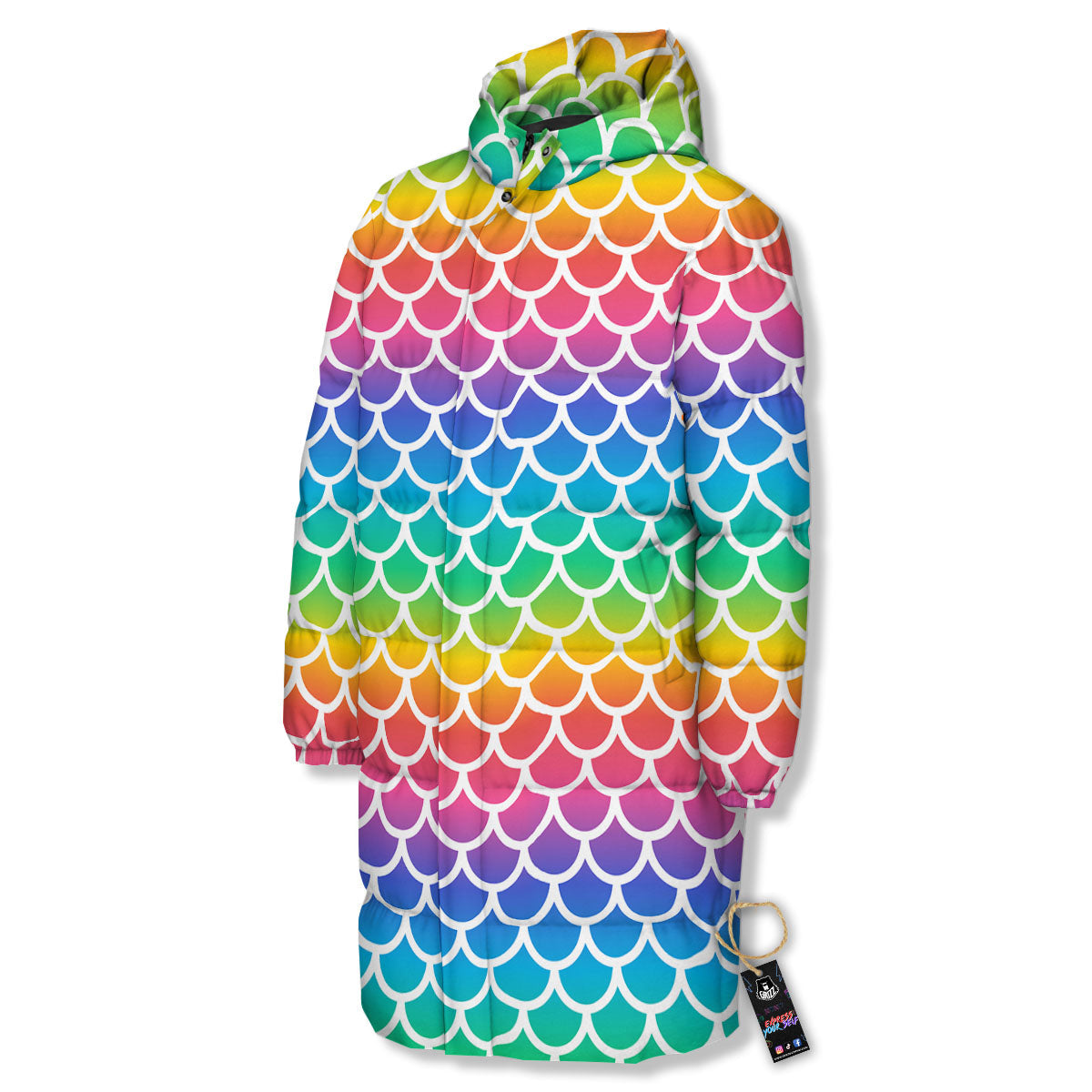 Scale Rainbow Mermaid Print Pattern Long Down Jacket-grizzshop