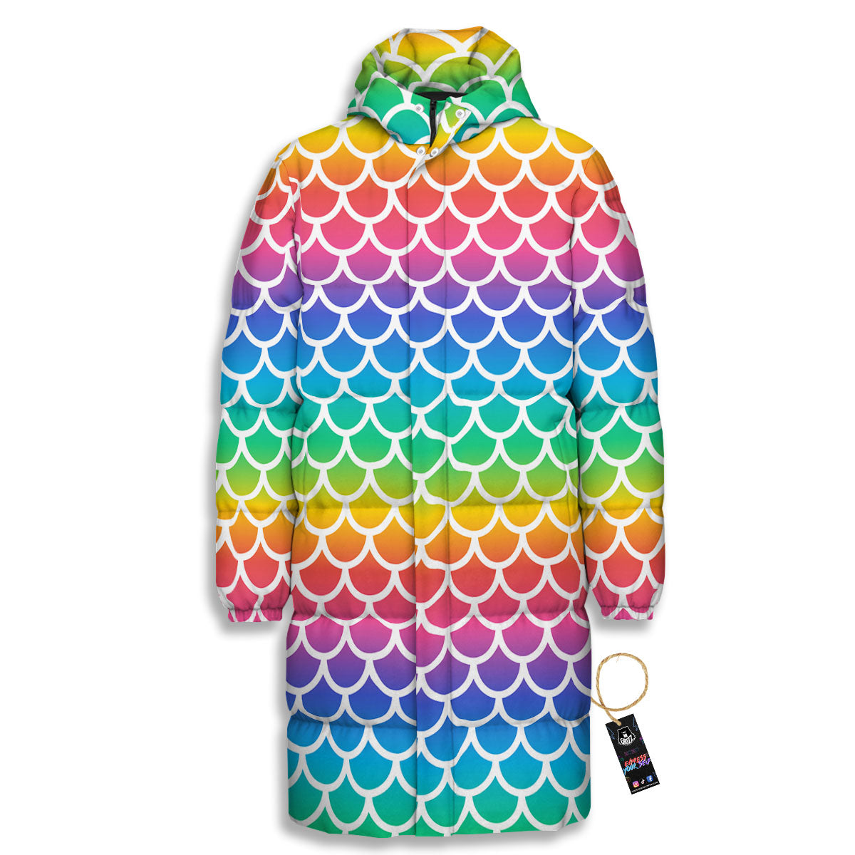 Scale Rainbow Mermaid Print Pattern Long Down Jacket-grizzshop