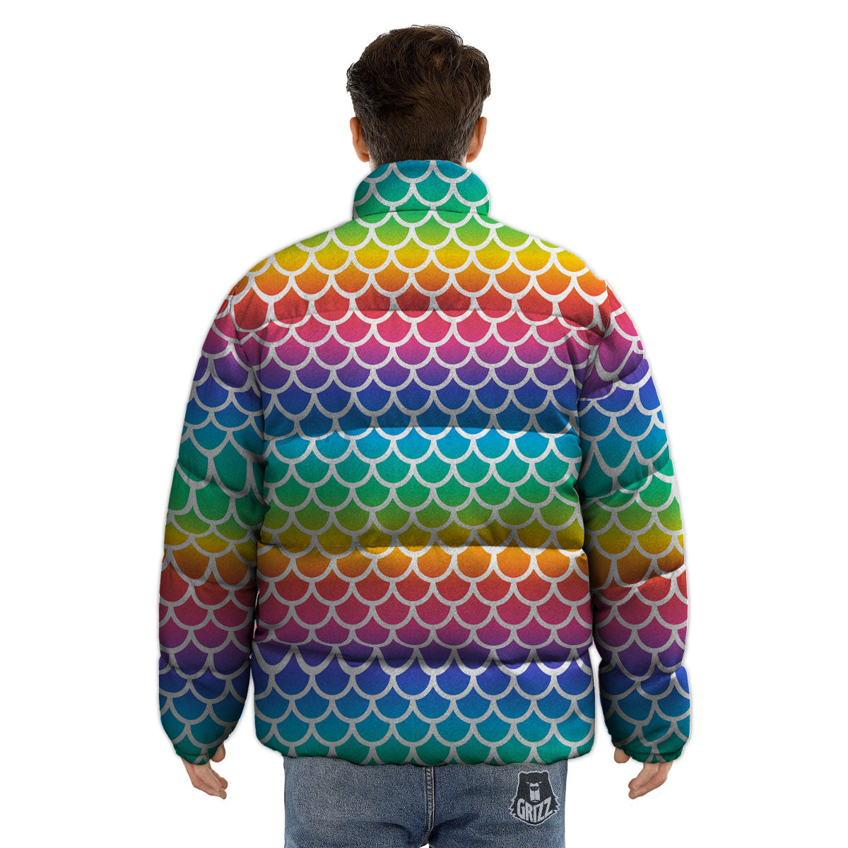 Scale Rainbow Mermaid Print Pattern Puffer Jacket-grizzshop