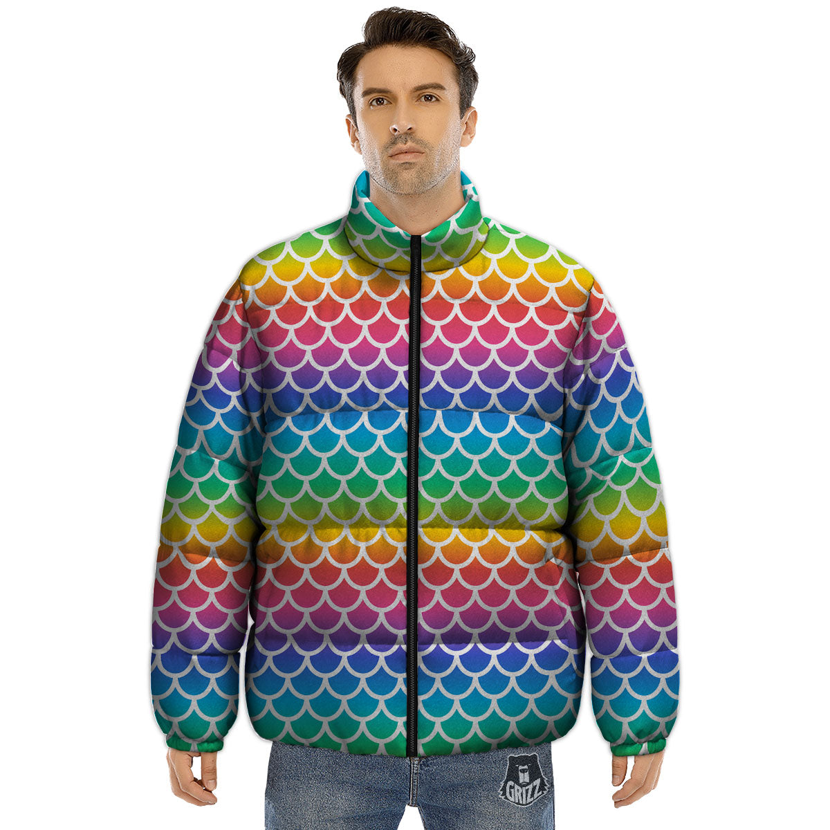 Scale Rainbow Mermaid Print Pattern Puffer Jacket-grizzshop
