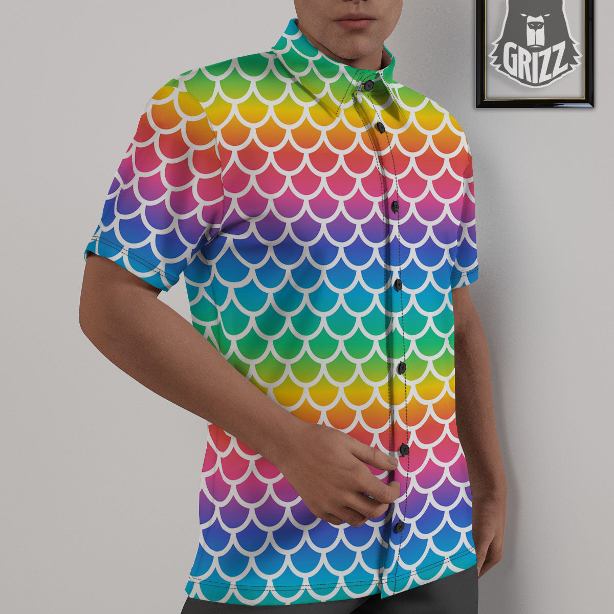 Scale Rainbow Mermaid Print Pattern Untucked Shirts-grizzshop