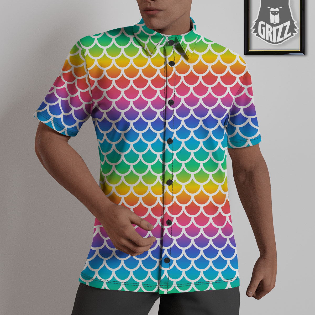 Scale Rainbow Mermaid Print Pattern Untucked Shirts-grizzshop