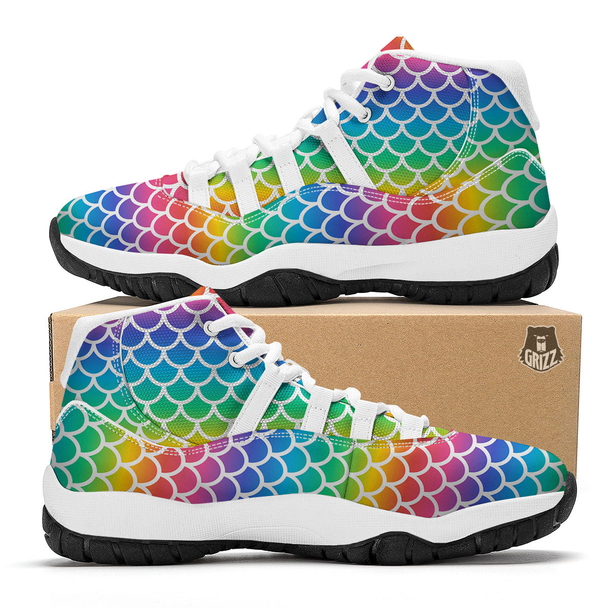 Scale Rainbow Mermaid Print Pattern White Bball Shoes-grizzshop