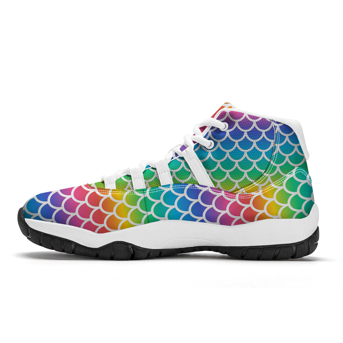 Scale Rainbow Mermaid Print Pattern White Bball Shoes-grizzshop