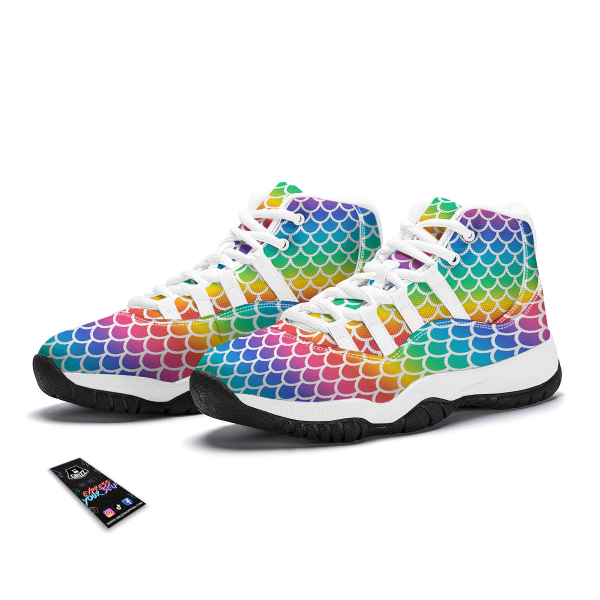 Scale Rainbow Mermaid Print Pattern White Bball Shoes-grizzshop