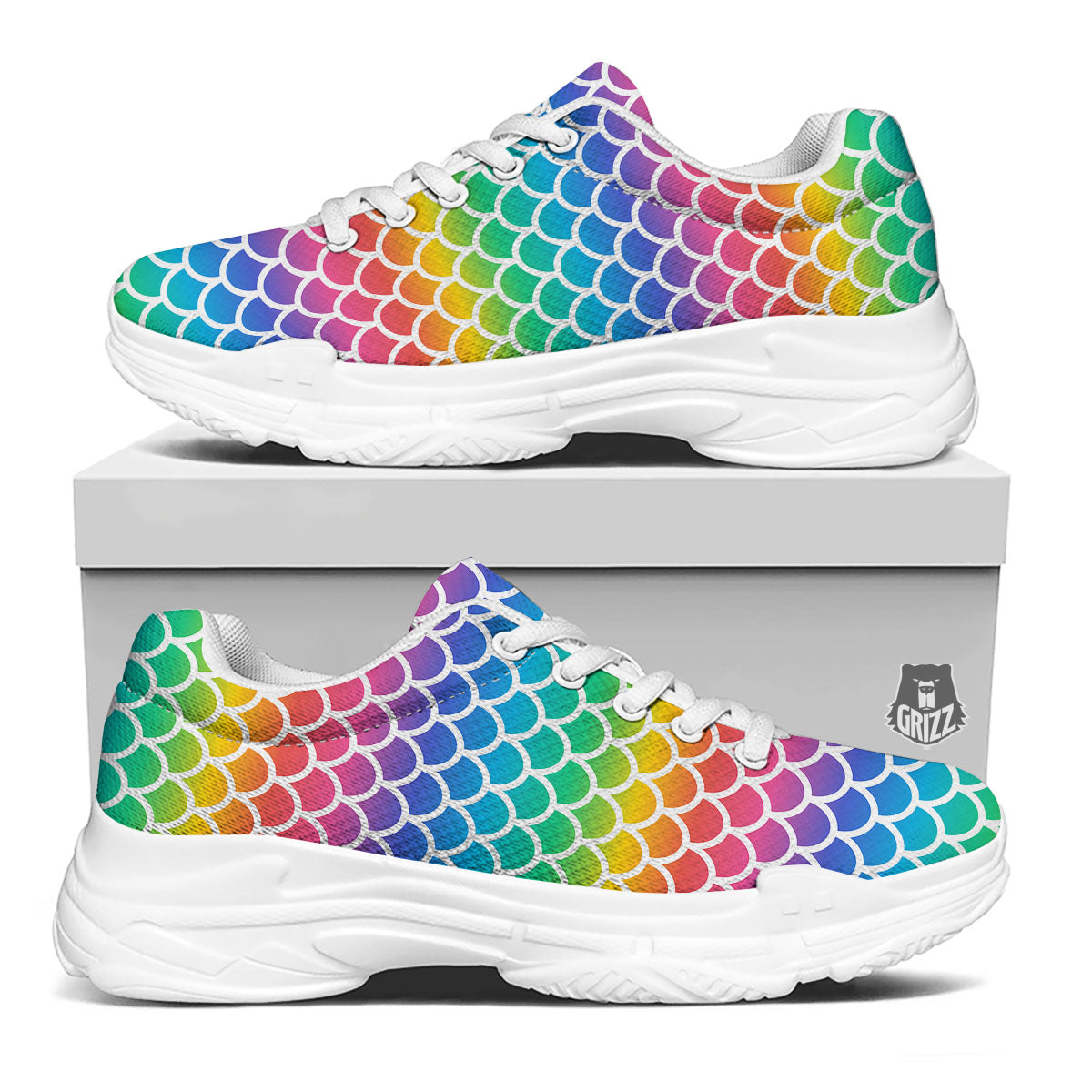 Scale Rainbow Mermaid Print Pattern White Chunky Shoes-grizzshop