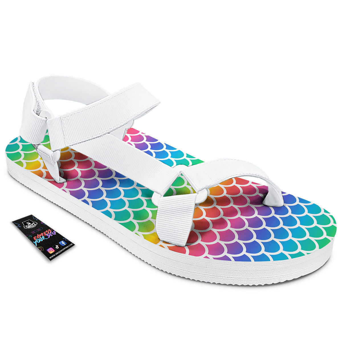 Scale Rainbow Mermaid Print Pattern White Open Toe Sandals-grizzshop