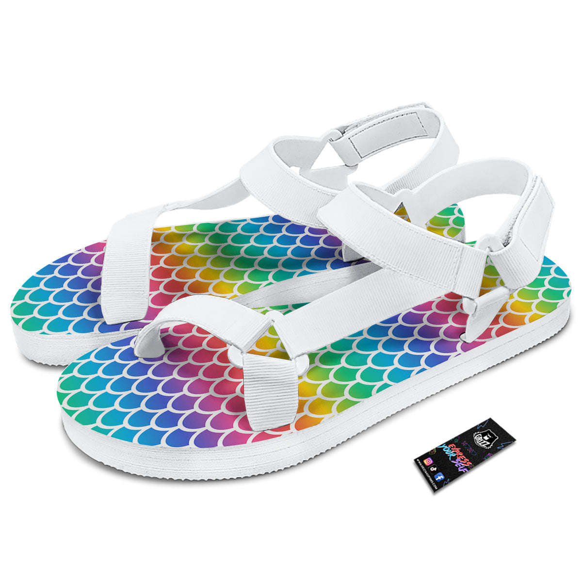 Scale Rainbow Mermaid Print Pattern White Open Toe Sandals-grizzshop