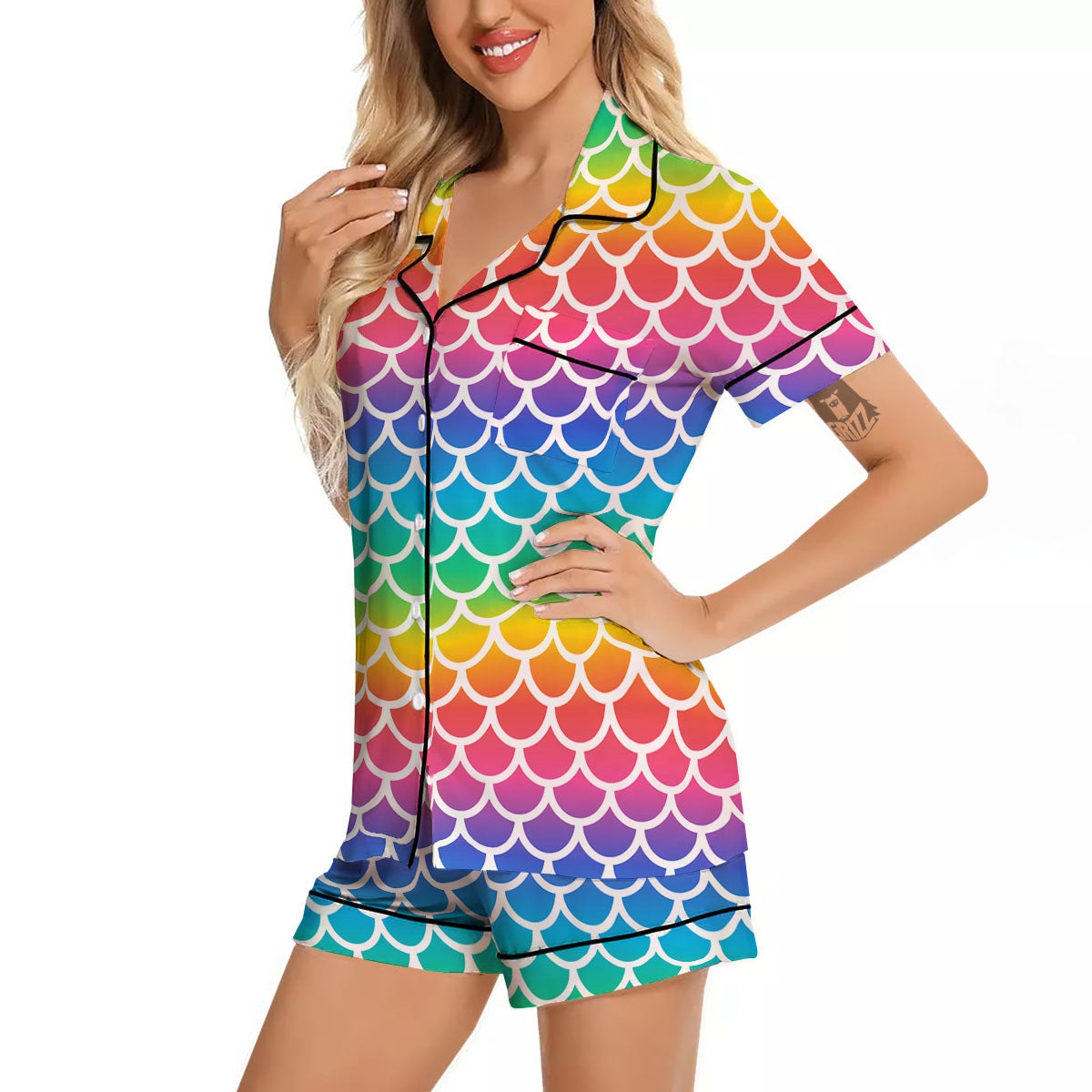 Scale Rainbow Mermaid Print Pattern Women Silk Pajamas-grizzshop