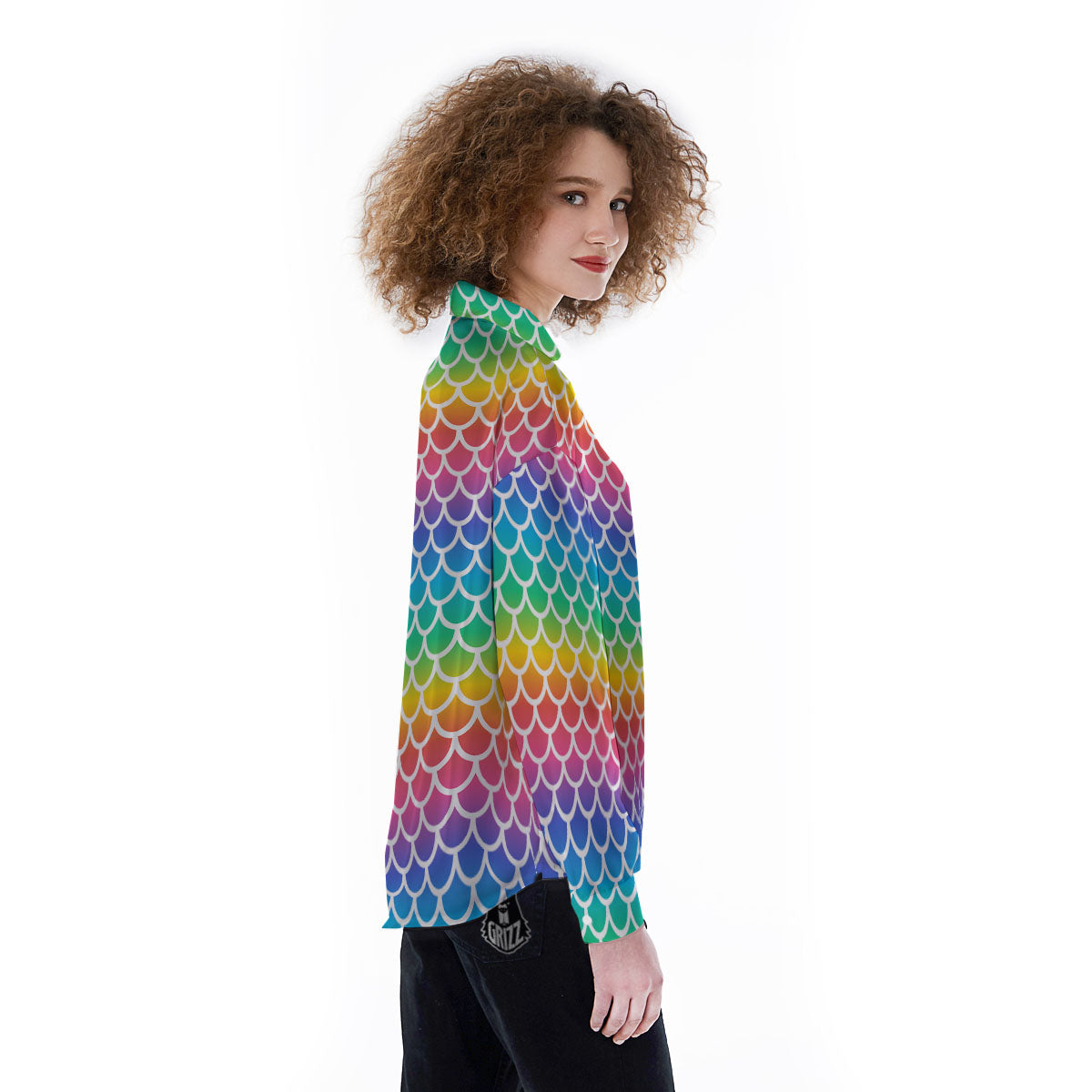 Scale Rainbow Mermaid Print Pattern Women's Long Sleeve Shirts-grizzshop