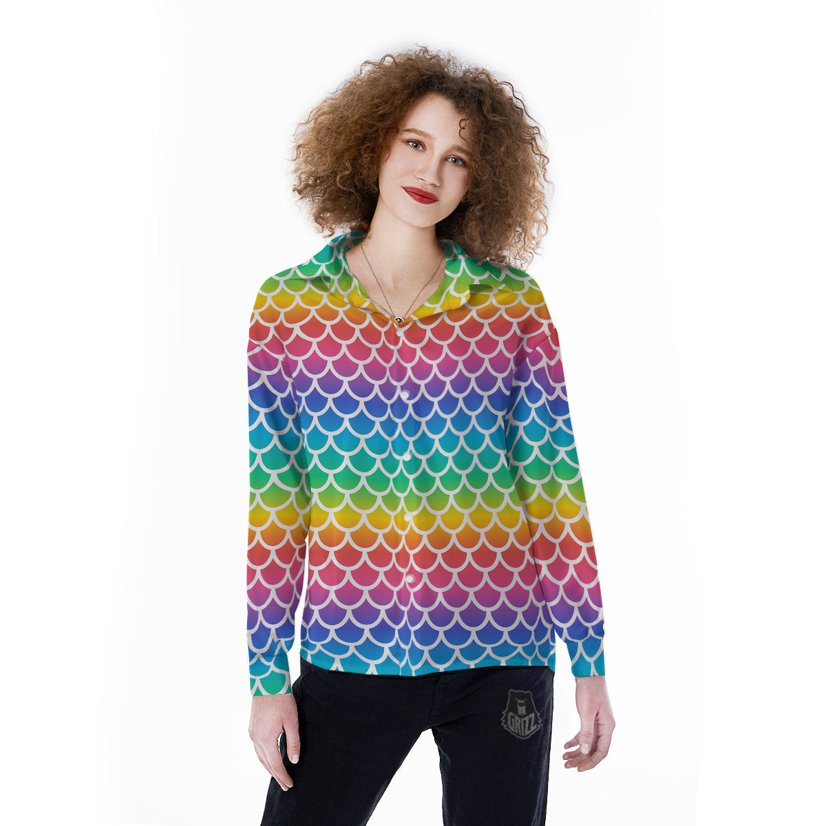 Scale Rainbow Mermaid Print Pattern Women's Long Sleeve Shirts-grizzshop