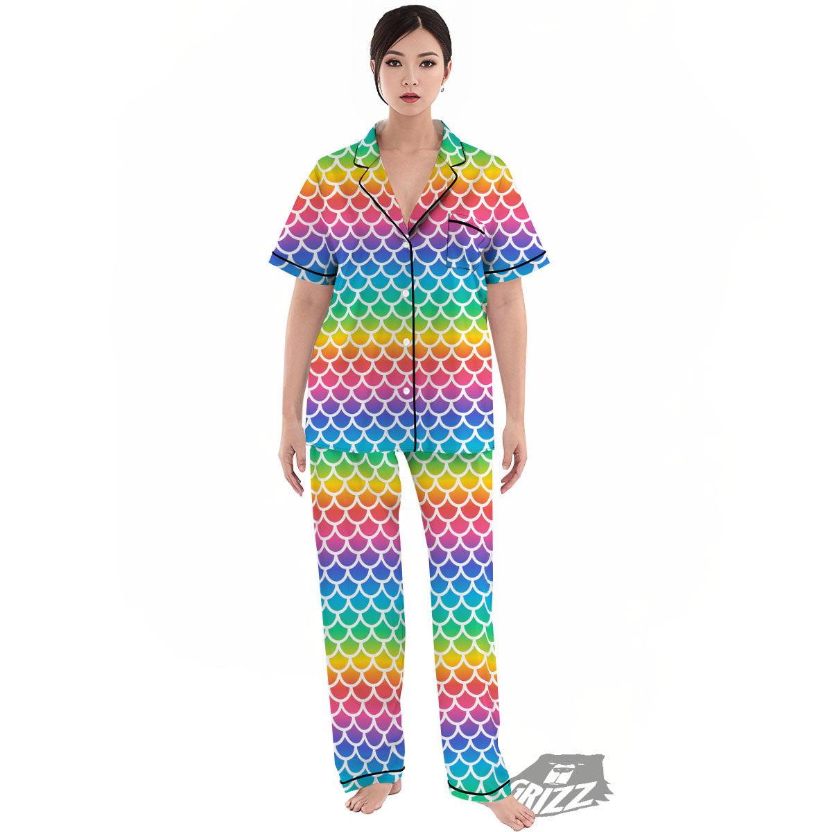 Scale Rainbow Mermaid Print Pattern Women's Pajamas Set-grizzshop