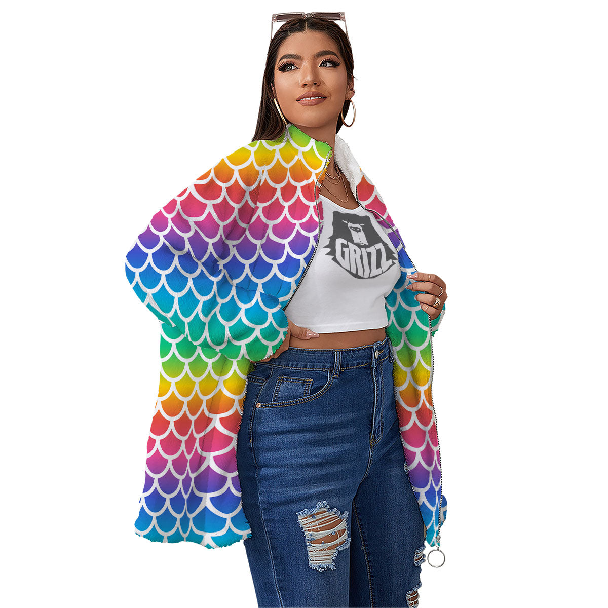 Scale Rainbow Mermaid Print Pattern Women's Sherpa Jacket-grizzshop