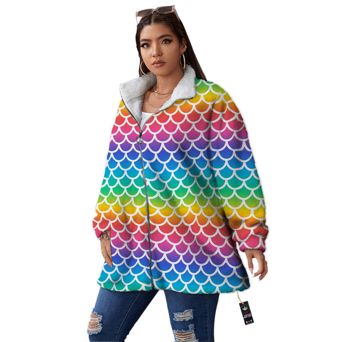 Scale Rainbow Mermaid Print Pattern Women's Sherpa Jacket-grizzshop