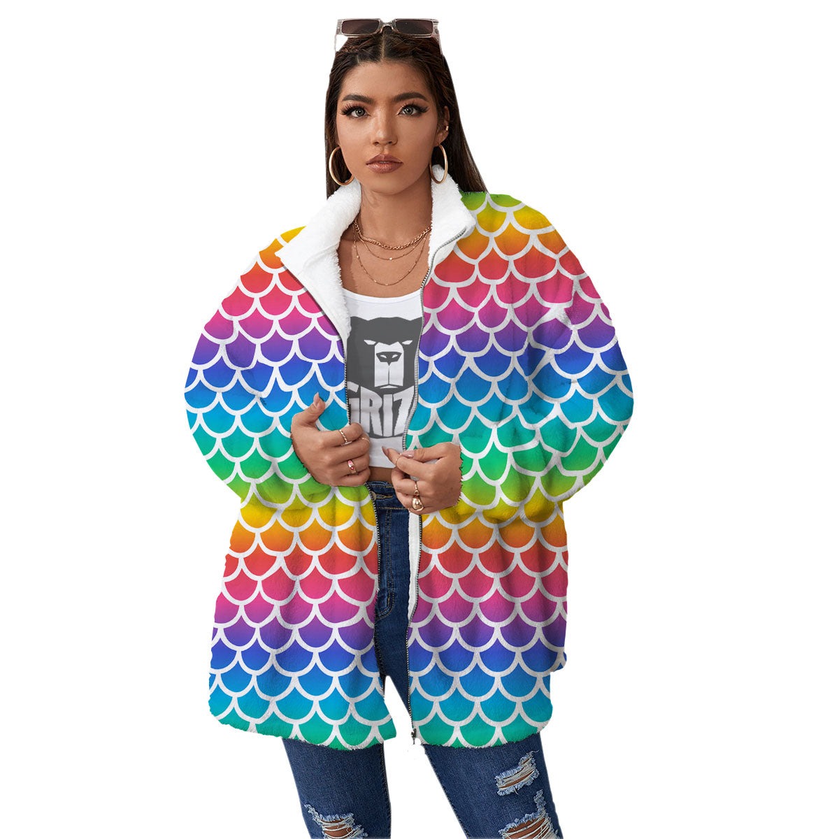 Scale Rainbow Mermaid Print Pattern Women's Sherpa Jacket-grizzshop