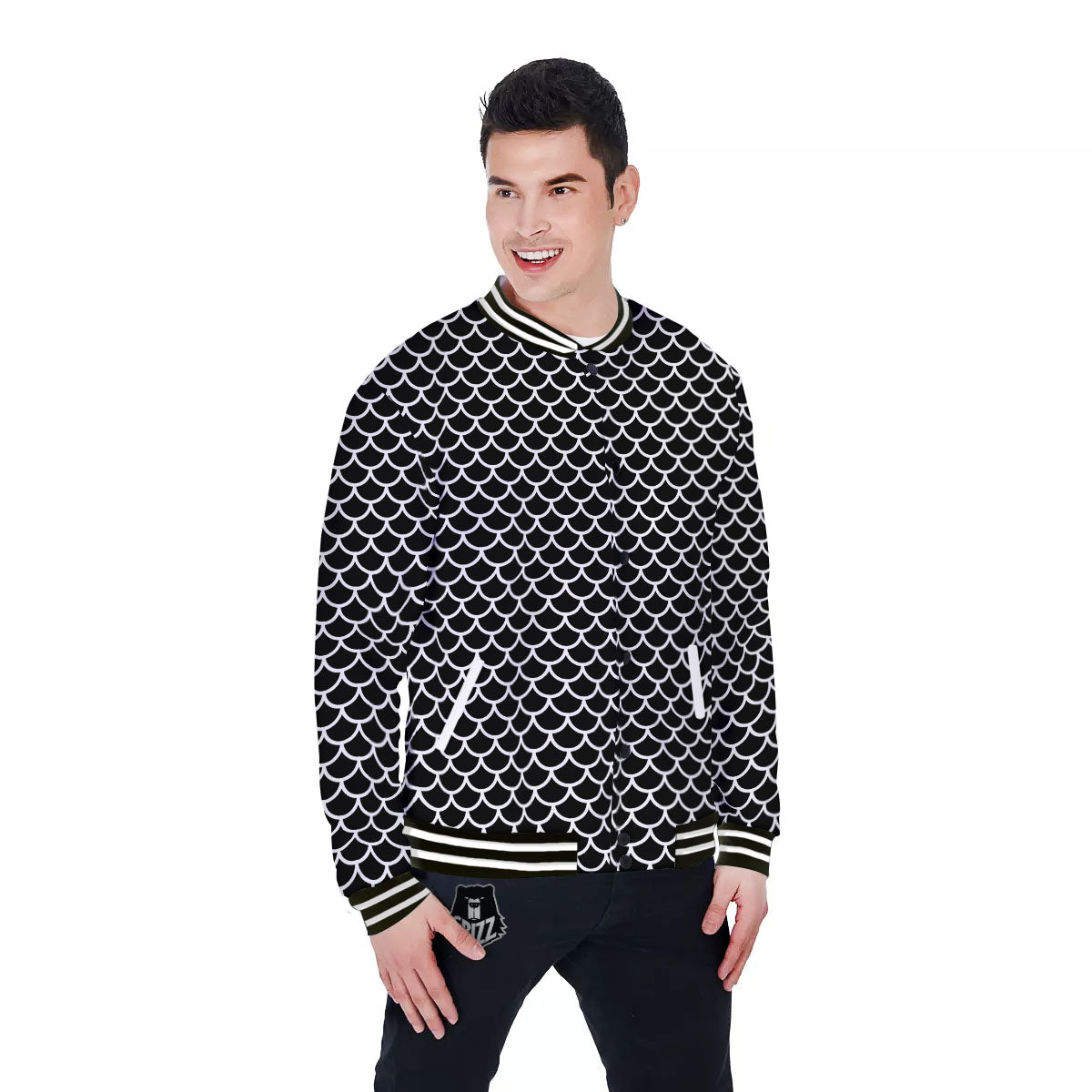 Scales Black Mermaid Print Pattern Baseball Jacket-grizzshop