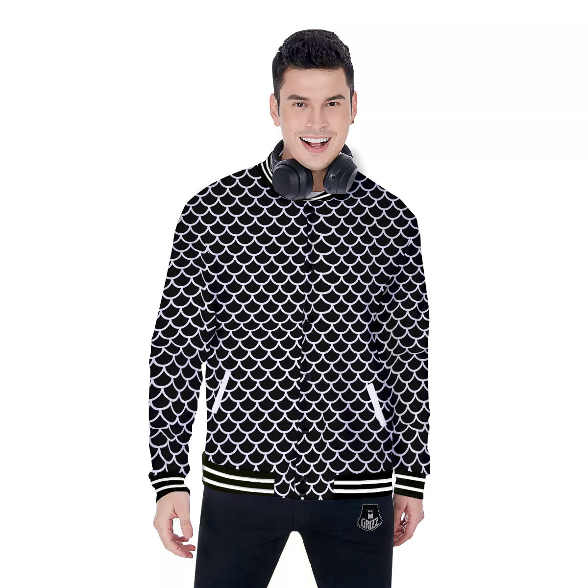 Scales Black Mermaid Print Pattern Baseball Jacket-grizzshop
