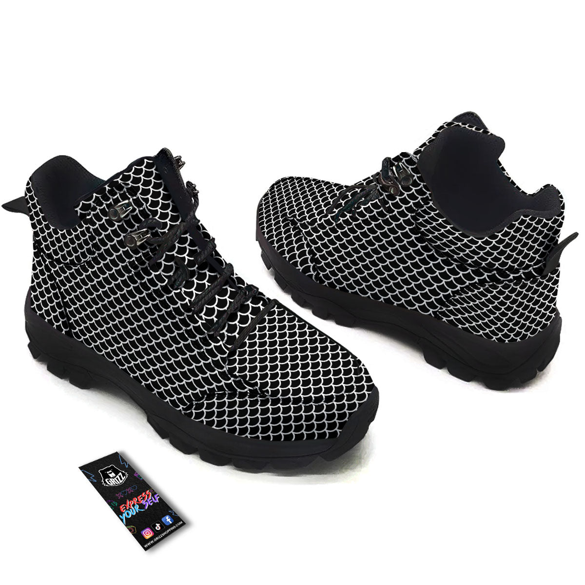 Scales Black Mermaid Print Pattern Hiking Shoes-grizzshop