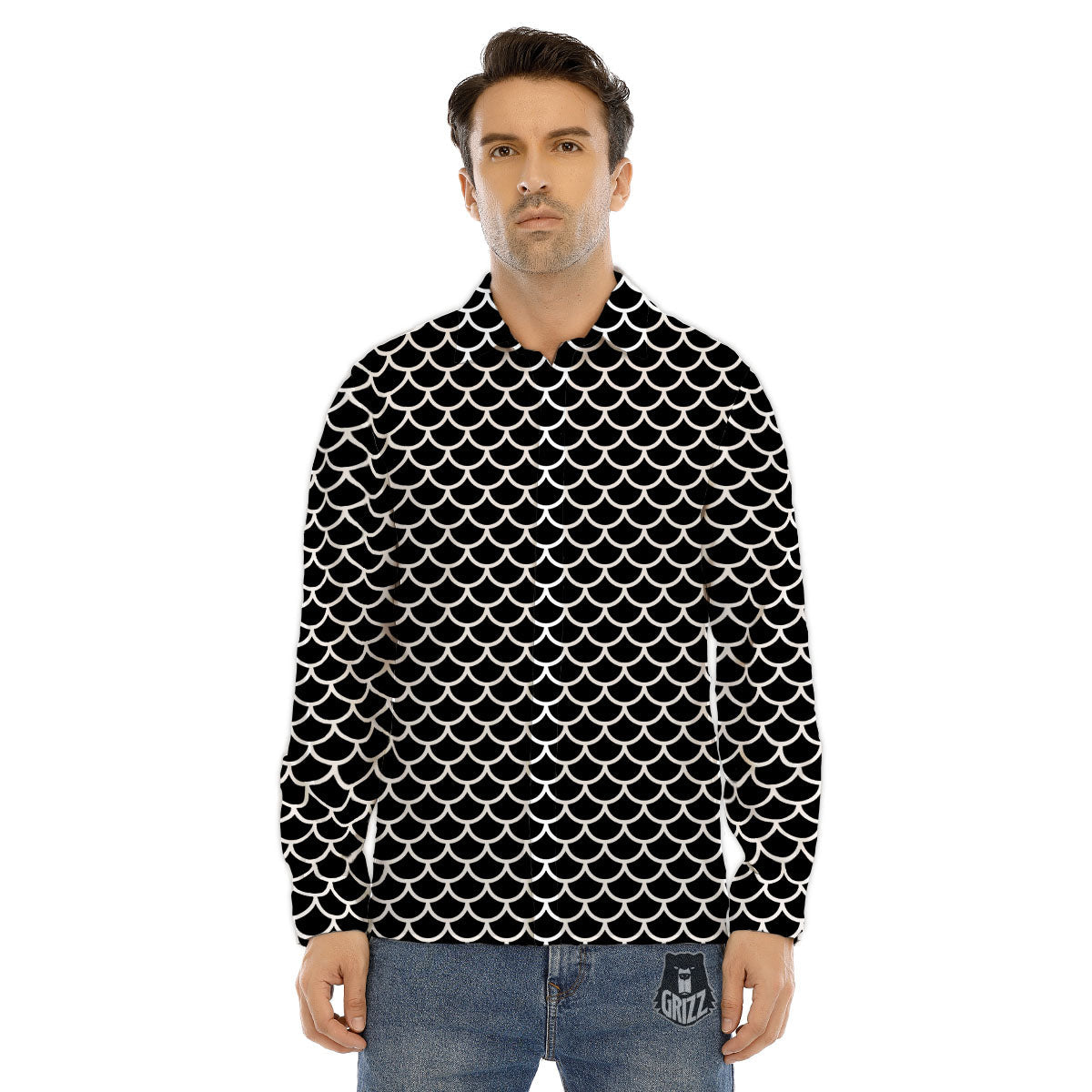 Scales Black Mermaid Print Pattern Men's Dress Shirts-grizzshop