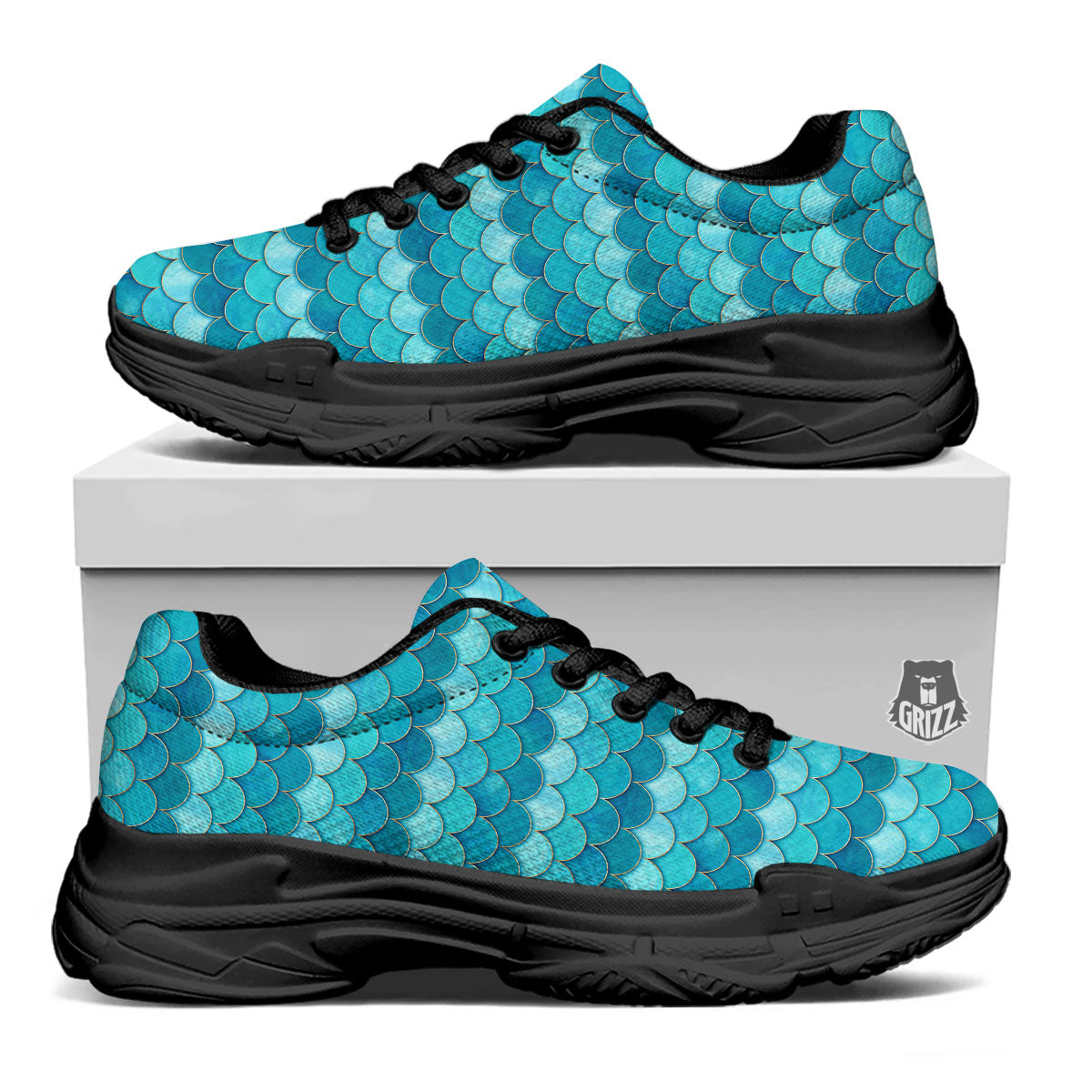 Scales Mermaid Blue Print Pattern Black Chunky Shoes-grizzshop