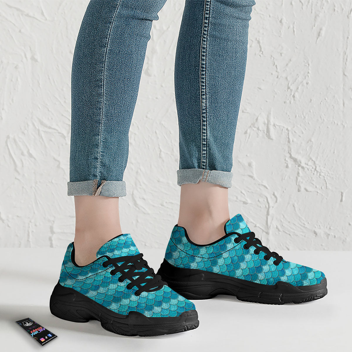 Scales Mermaid Blue Print Pattern Black Chunky Shoes-grizzshop