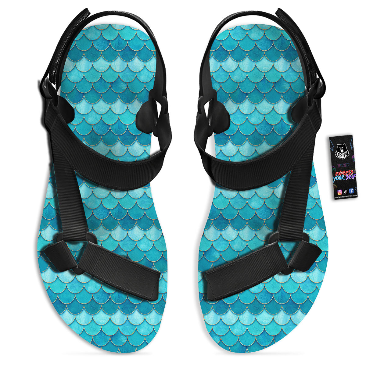 Scales Mermaid Blue Print Pattern Black Open Toe Sandals-grizzshop